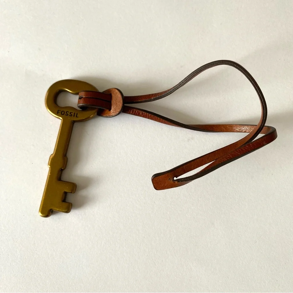 Tory Burch Black Leather Mirror/Bag Charm + Fossil Brass Leather Key Bag Charm